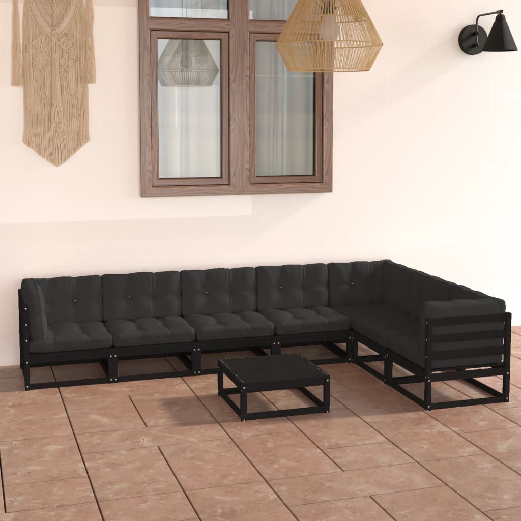 8-tlg. Garten-Lounge-Set mit Kissen Schwarz Kiefer Massivholz